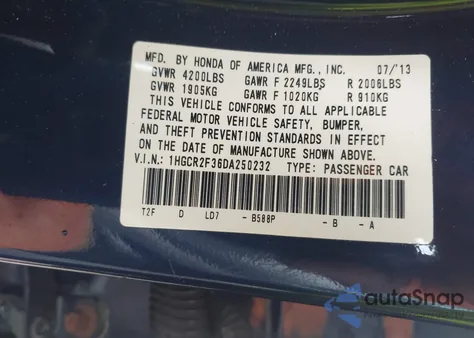 2013 Honda Accord Lx from USA, damaged, VIN 1HGCR2F36DA250232
